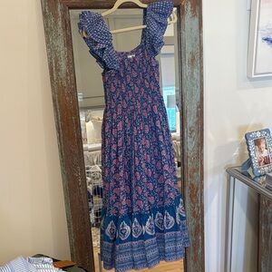 Mille Olympia Blue and Pink Smocked Midi Dress - size XS EUC